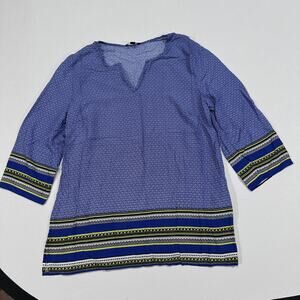 Willi Smith Blouse Womens L Blue Tunic 3/4 Sleeve V Neck Boho Hippie Prairie